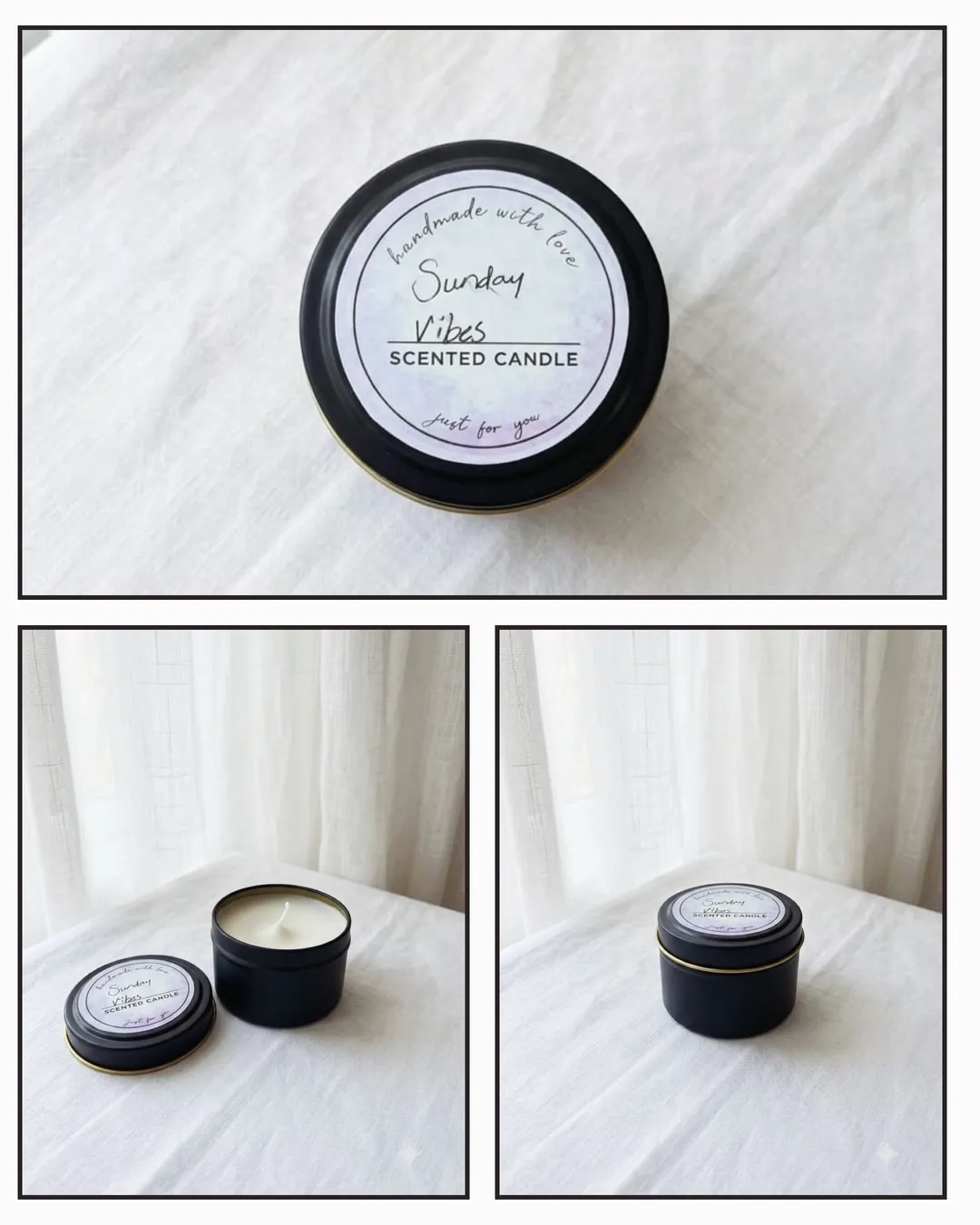 Sunday Vibes black tin scented candle with a handwritten label