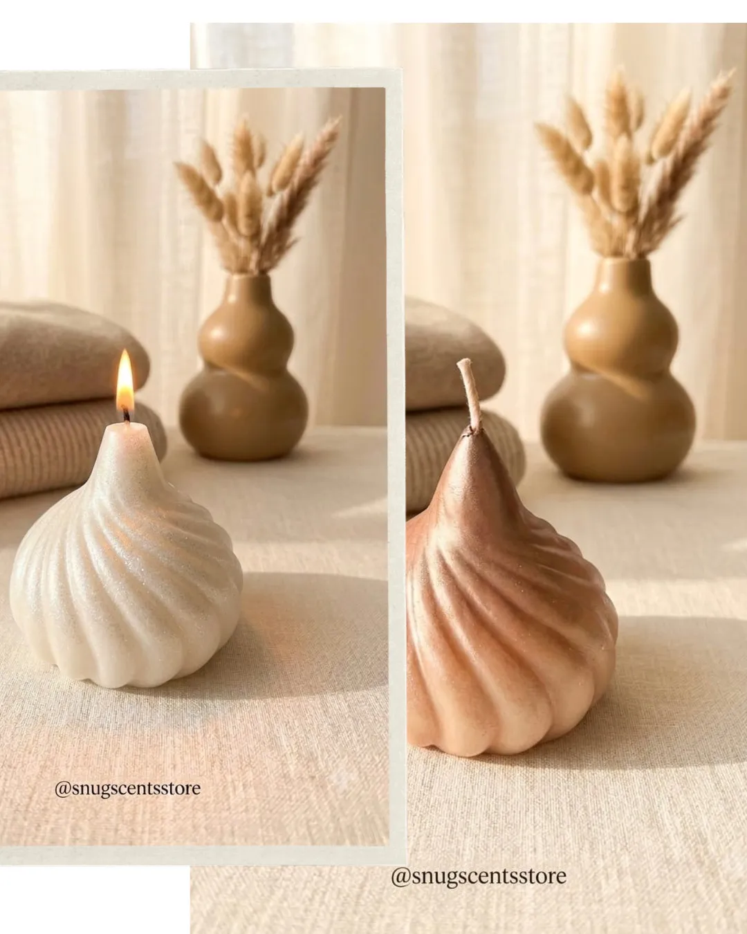 Hand-poured swirl candles in pearl white and metallic rose gold