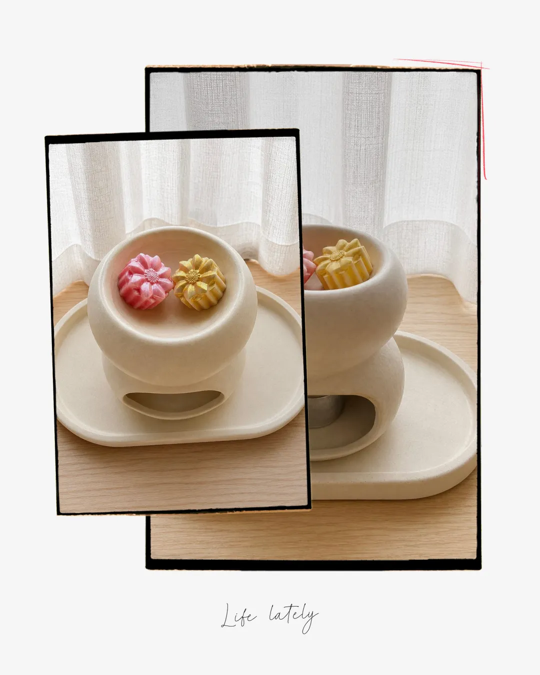 A ceramic wax warmer melting pink and gold flower wax melts for the seasonal collection