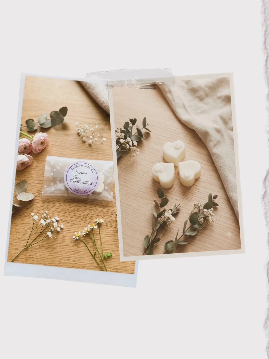 Sunday Vibes heart-shaped wax melts styled with eucalyptus and dried flowers